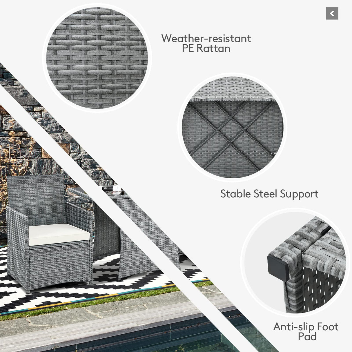Tangkula 3 Pieces Patio Dining Set, Patiojoy Space-Saving PE Rattan Bistro Set with Tempered Glass Top Table and Cushioned Chairs, Outdoor Conversation Set for Garden, Backyard, Poolside, Porch Tangkula