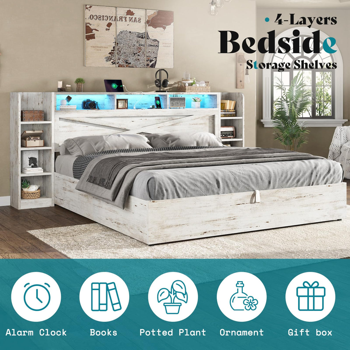 AMERLIFE King Size Lift Up Storage Bed Frame, 45.1" LED Bed Frame with 2 Side Shelves & Bookcase Headboard, Farmhouse Wood Platform Bed with Charging Station, No Box Spring Needed, Distressed White AMERLIFE