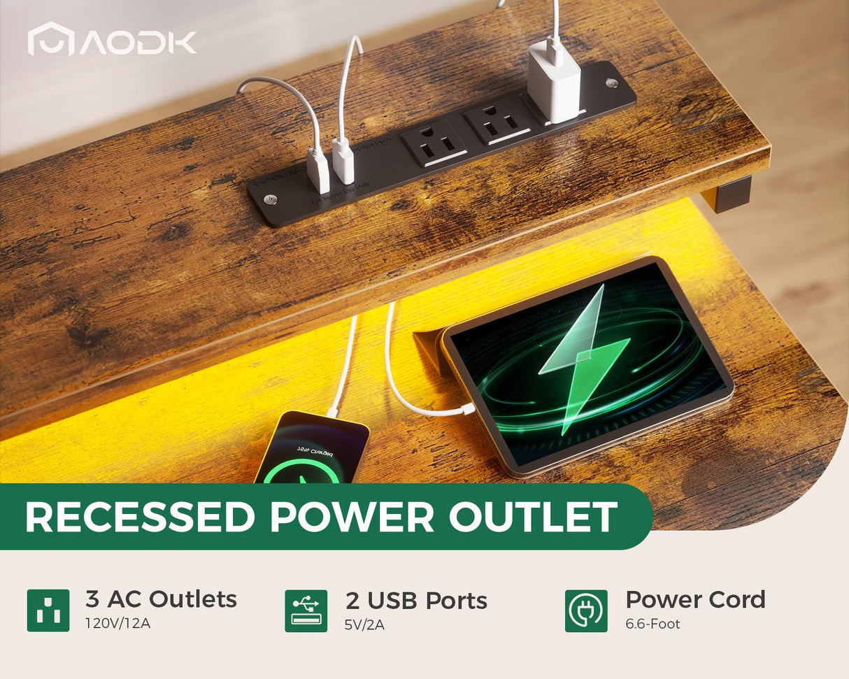 AODK Gaming Desk with LED Lights & Power Outlet, 40 Inch Computer Desk with Drawer, Reversible Desk with Monitor Shelf & Headphone Hook for Home Office AODK