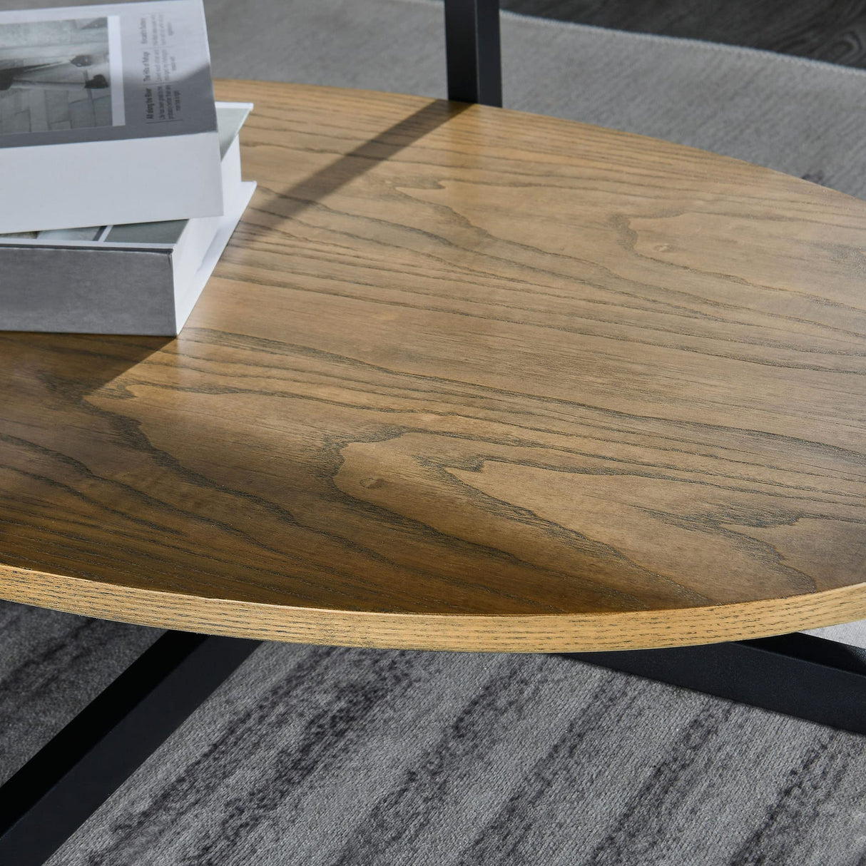 JESONVID Solid Wood Oval Coffee Table with Cross Metal Legs, 43.3in Modern Industrail Center Table with Open Shelf Cocktail Tea Table for Living Room Bedroom, Rustic Nature 1811 JESONVID