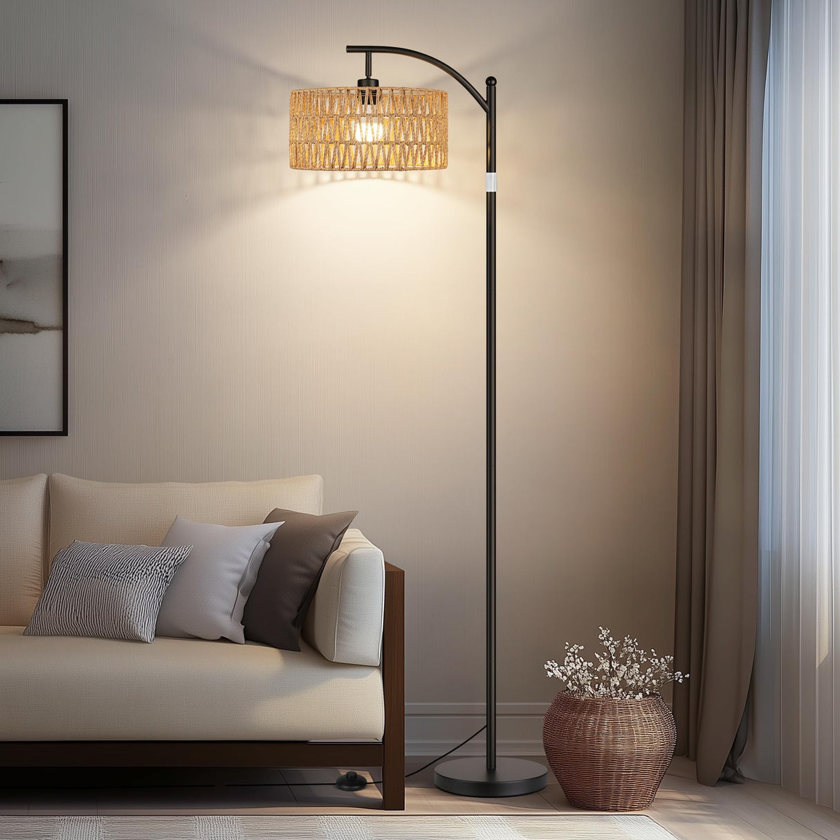 ROTTOGOON Rattan Floor Lamps for Living Room, Boho Standing Lamps with Rattan Shade, Arc Lamps Floor Standing with 9W Bulb, Foot Switch, Black Bohemian Floor Lamps for Bedroom, Office-Drum ROTTOGOON