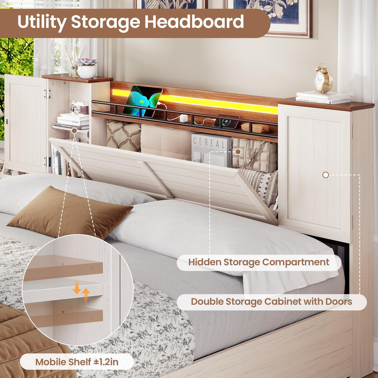 VIAGDO Farmhouse King Bed Frame with Headboard and Double Barn Door Storage Cabinets, Rustic Wooden Bed Frame King Size with Charging Station, 4 Drawers and LED Lights, No Box Spring Needed, White VIAGDO