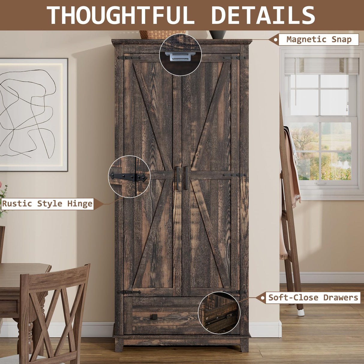 LUXOAK Farmhouse Kitchen Pantry Cabinet, 72" Tall Storage Cabinet with Adjustable Shelves & Barn Doors, Freestanding Kitchen Cupboard for Dining Room, Living Room, Dark Rustic Oak LUXOAK