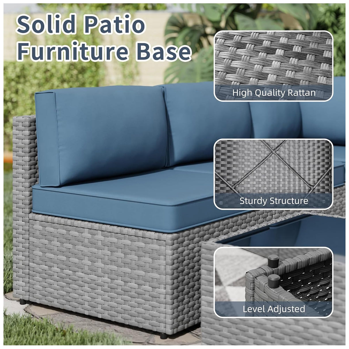 SUNLEI 5pcs Patio Furniture Sets Conversation Set, Low Back All-Weather Rattan Sectional Sofa with Tea Table&Washable Couch Cushions, Outdoor Furniture Set (Silver Rattan) SUNLEI