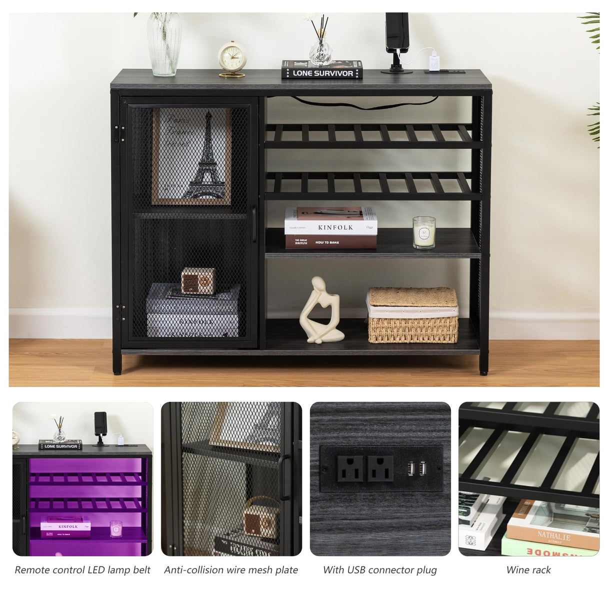 TopCity LED Industrial Wine Bar Cabinet Coffee Buffet Sideboard with Storage for Liquor and Glasses Wood Metal Sideboard with Wine Racks for Home Kitchen Dining (Gray, 43.31"*13.78"*32.87") TopCity