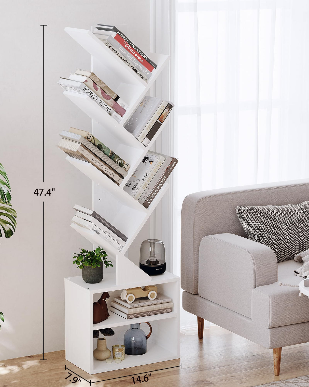 SUNMORY 6 Tier Tree Bookshelf, Tall Bookcase with Storage Cabinet, Modern Narrow Bookshelves Organizer, Floor Standing Book Shelf for Bedroom/Living Room/Home Office/Corner, White SUNMORY