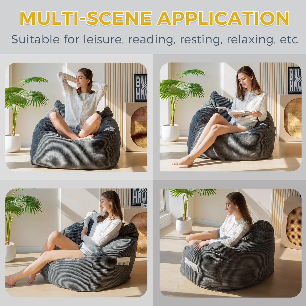 MAXYOYO Bean Bag Chair, Floor Sofa with Handle, Bean Bag Chairs for Adults and Kids, Teens Living Room Bean Bag, Accent Sofa Chair with Pocket for Gaming Reading Relaxing MAXYOYO