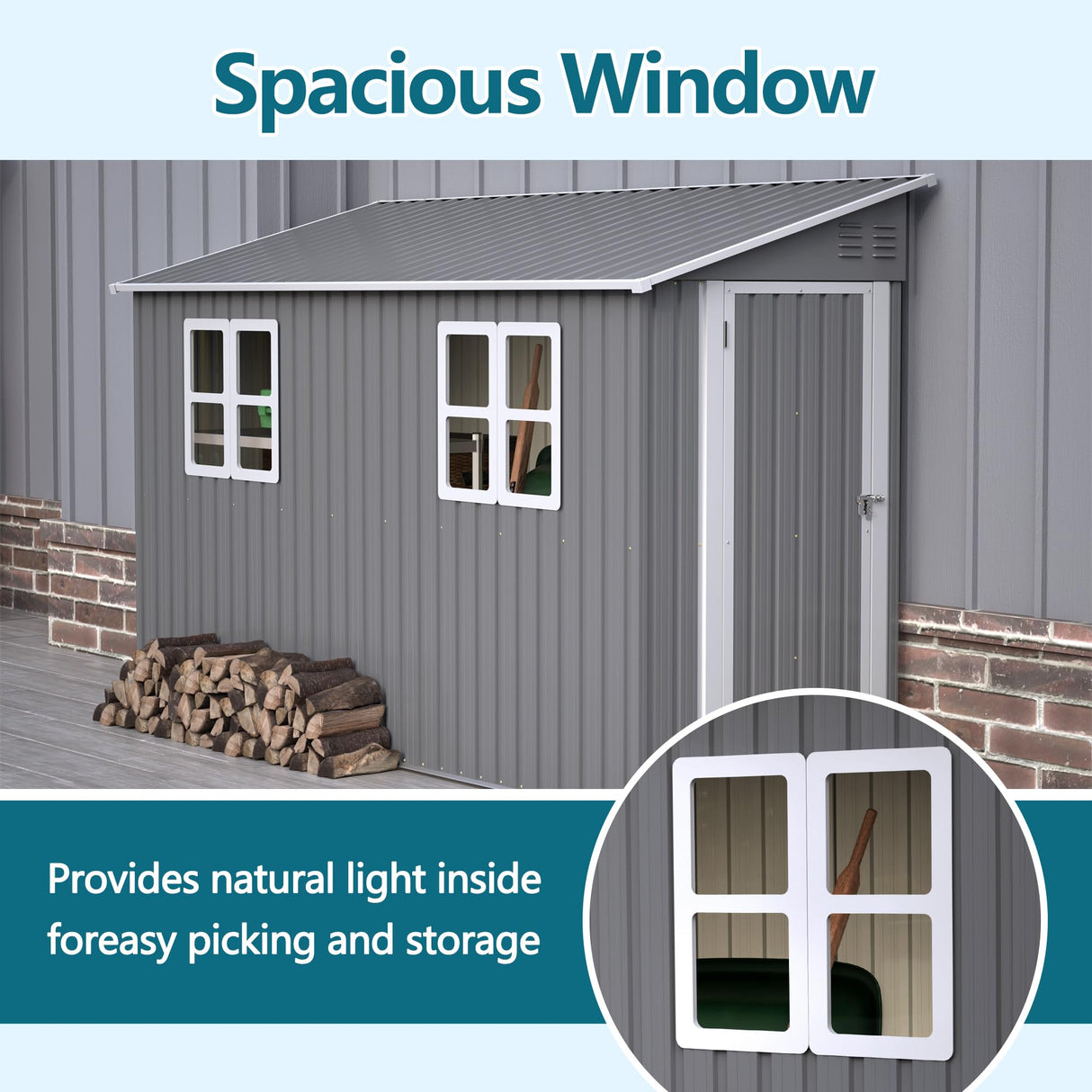 LINKHOO 4 x 10 FT Metal Outdoor Storage Shed with Windows and Foundation, Lean to Storage Sheds w/Lockable Door & Air Vents, All Weather Waterproof Garden Tool House for Backyard, Patio, Lawn, Gray LINKHOO