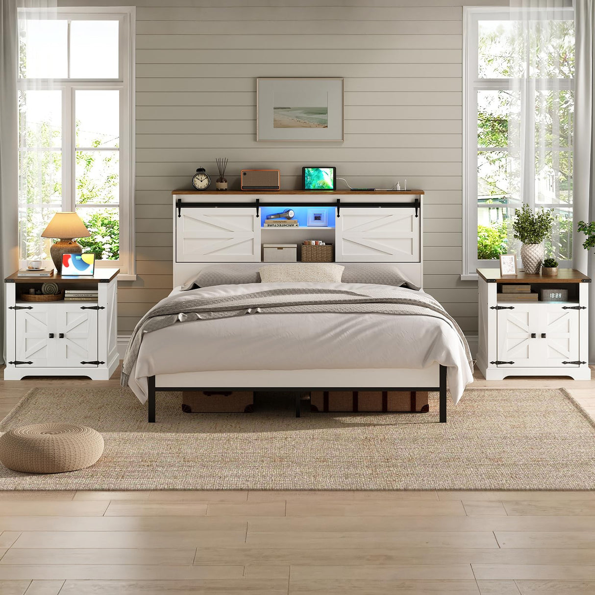 HOOBRO Farmhouse End Table with Charging Station, 23.6" Large End Tables for Living Room, Sofa Side Table with Barn Door, Wooden Square Nightstand Bedside Table, Flip Top, White and Walnut WH601UBZ01 HOOBRO