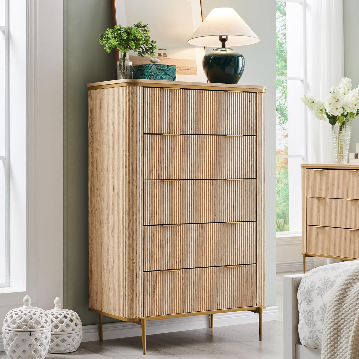 T4TREAM Fluted 5 Drawers Dresser for Bedroom, 48" Tall Modern Dresser Chest of Drawers, Gold Accents, Fluted Fronts, Wood Storage Dressers Organizer for Bedroom, Living Room, Natural Oak T4TREAM