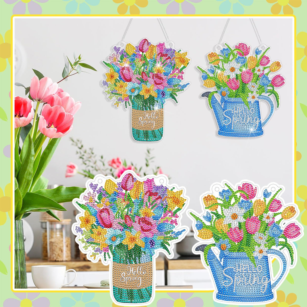 Threehoney 3 Pcs DIY Spring Diamond Painting Wreath Kit Tulip Flower Gnome Diamond Art Hanging Wreath Spring Crystal Painting Ornaments Hanging Sign for Adults Beginners Craft Supplies Threehoney
