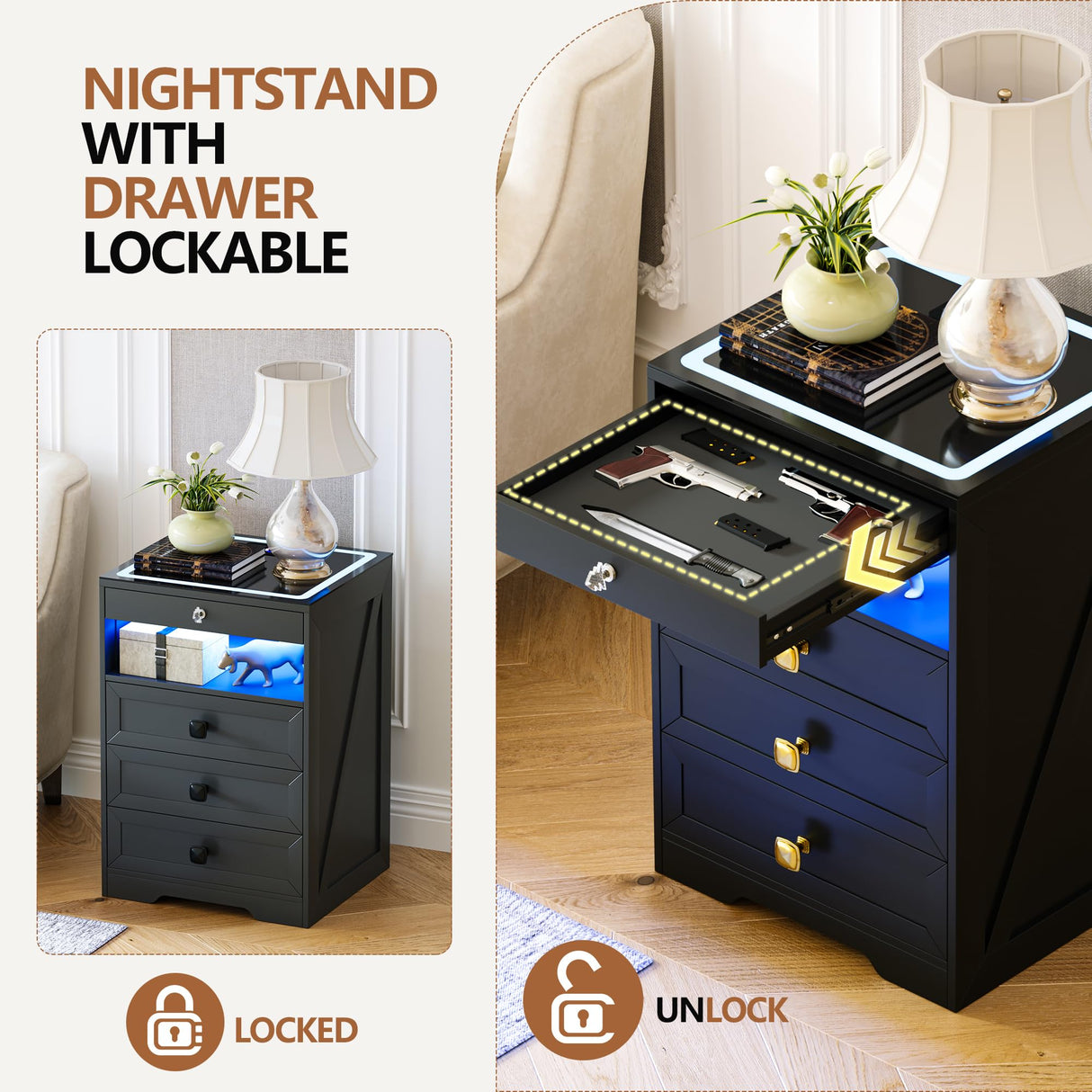 HNEBC 3 Color Dimmable LED End Table with Charging Station,Night Stand with Glass Desktop,Bedside Table with 3 Drawers for Bedroom,Black HNEBC