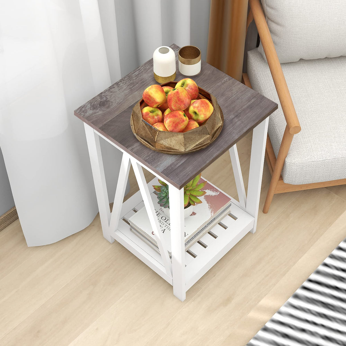 UYIHOME Farmhouse Square End Table, Accent Side Table with Slats Design, Sofa Side Nightstand Table with Sturdy Frame for Living Room Bedroom, Oak Grey UYIHOME