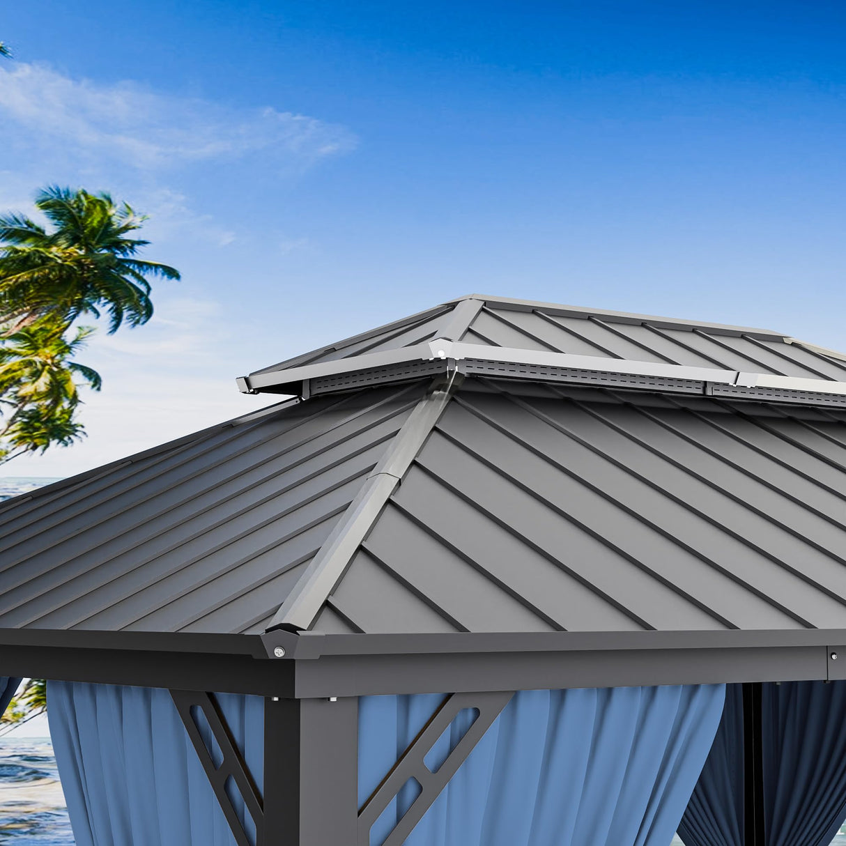 RTDTD 12’x14’ Hardtop Gazebo Outdoor Aluminum Frame Permanent Gazebo Galvanized Steel Double Roof Pergola with Nettings and Curtains for Patio, Lawns,Backyard, Deck(Navy) RTDTD