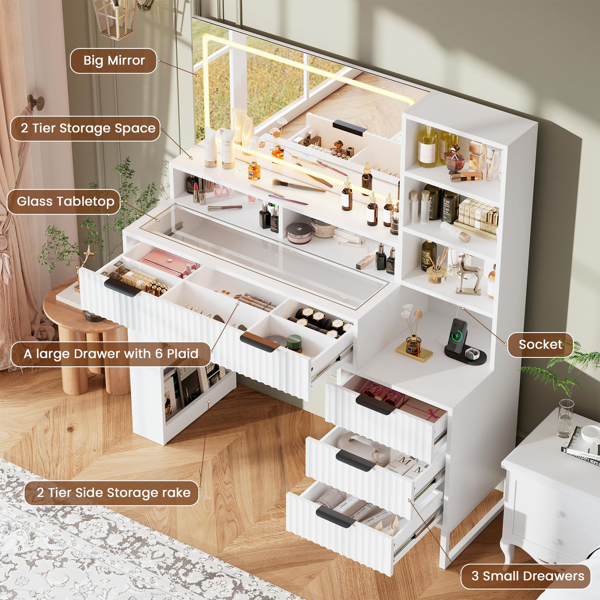 HAIOOU Fluted Vanity Desk with Mirror and Lights,48" Large Makeup Vanity Desk with Charging Station,Dressing Table with 4 Drawers & 3 Open Storage Shelves, Glass Top for Bedroom, White HAIOOU