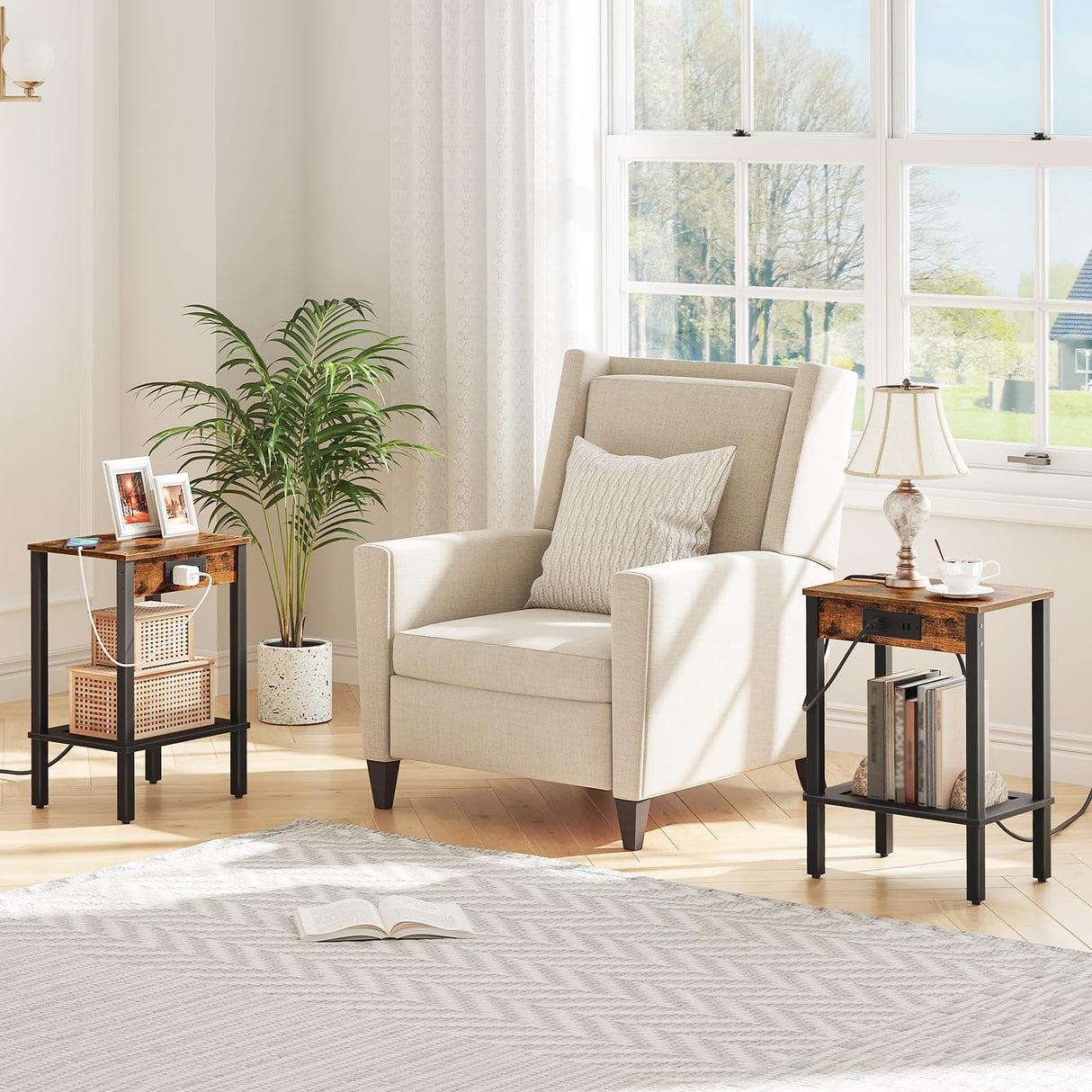 HOOBRO Side Table with Charging Station, End Table with USB Ports and Outlet, Nightstand with Storage Shelf, Faux Rattan Decoration, for Living Room, Bedroom, Rustic Brown and Black BF91UBZ01 HOOBRO