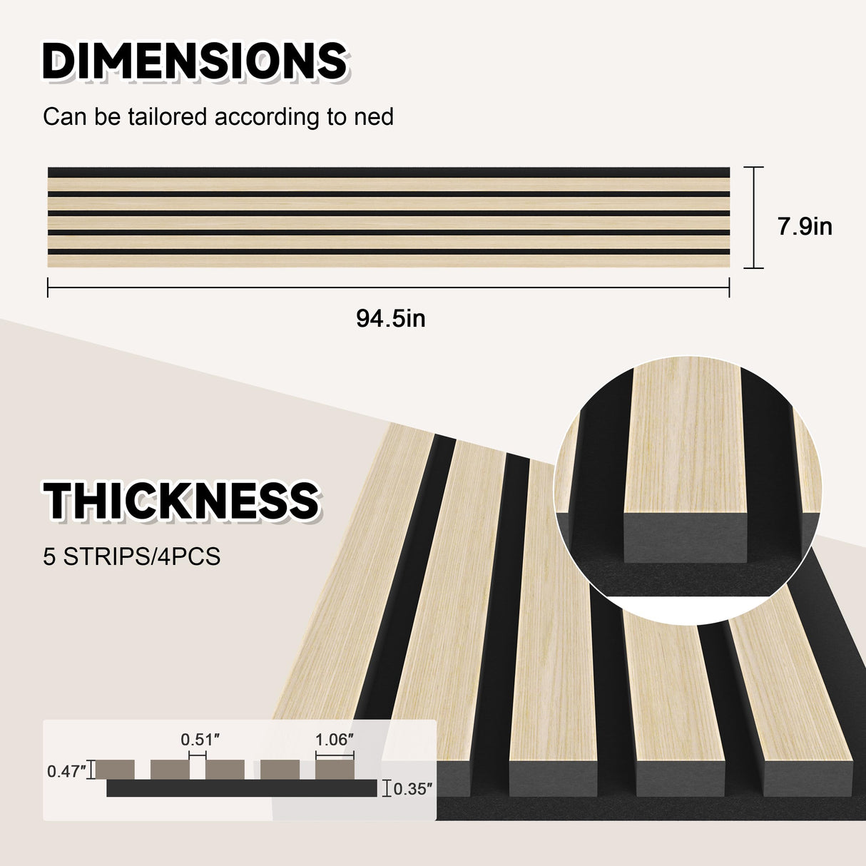 POHARE 4 Pack Wood Slat Wall Wood Paneling,95 x 8 in Soundpoof Wooden Engineered Wood Slat Wall Panels,Stylish Acoustic Wall Panels for Interior Wall Decor with Felt Backing,Natural POHARE
