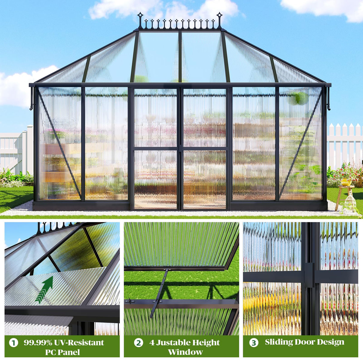 14x9.7x10 FT Polycarbonate Greenhouse for Outdoors, Large Winter Greenhouse Sunroom with 2 Adjustable Windows &Sliding Door, Walk-in Design with Aluminum Frame for Patio, Garden gohonei