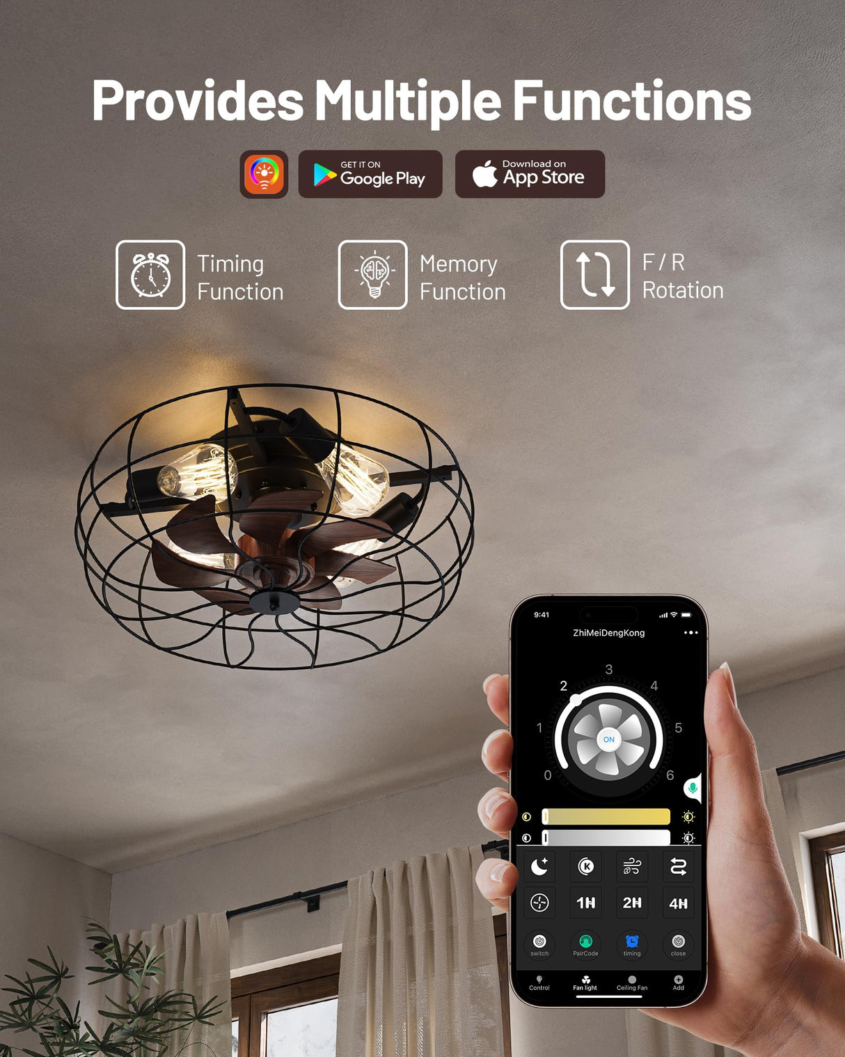 CubiCubi Caged Ceiling Fans with Lights, 20" Industrial Low Profile Fandelier with Remote and APP Control, Ultra Quiet 6 Wind Speed Small Farmhouse Ceiling Fan for Bedroom, Dining Room CubiCubi