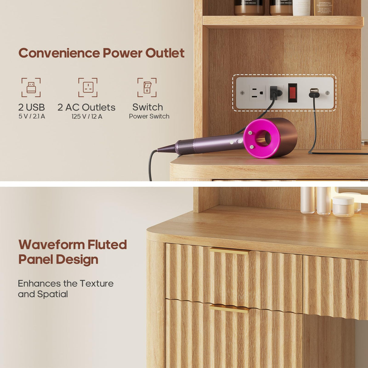 HAUOMS 51.2" Fluted Makeup Vanity Desk with Large 30.3" Mirror and Lights, 5 Drawer Vanity with Power Strip, 6 Open Shelves, 2 Cabinet,Modern Dressing Table with Solid Wood Legs for Bedroom, Oak HAUOMS