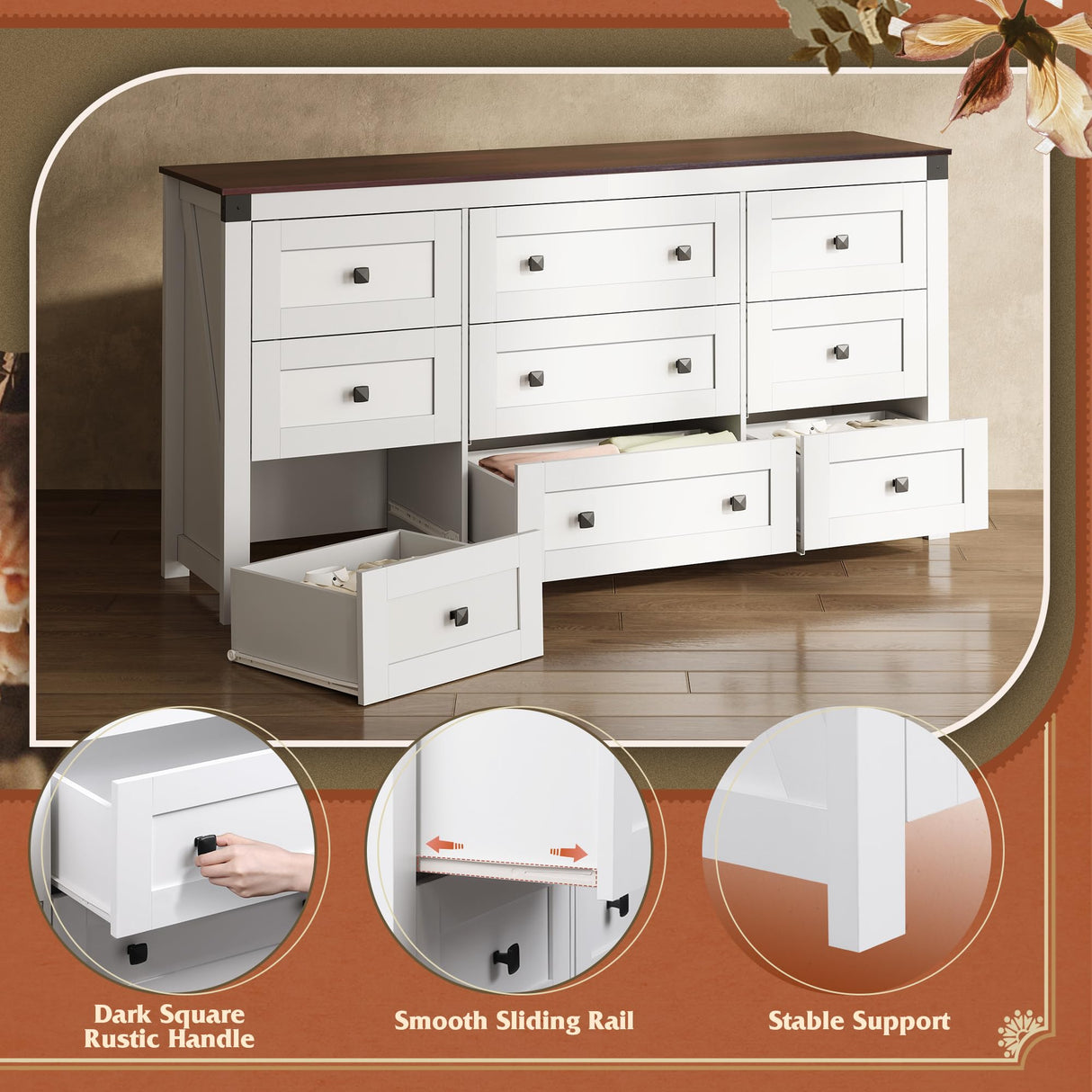 WLIVE Farmhouse Dresser for Bedroom, 63" Wide 9 Drawer Dresser Storage Organizer, Wood Chest of Drawers for Bedroom, TV Stand for 70 inch TV, for Living Room, Hallway, Ball Bearing Slide (White) WLIVE