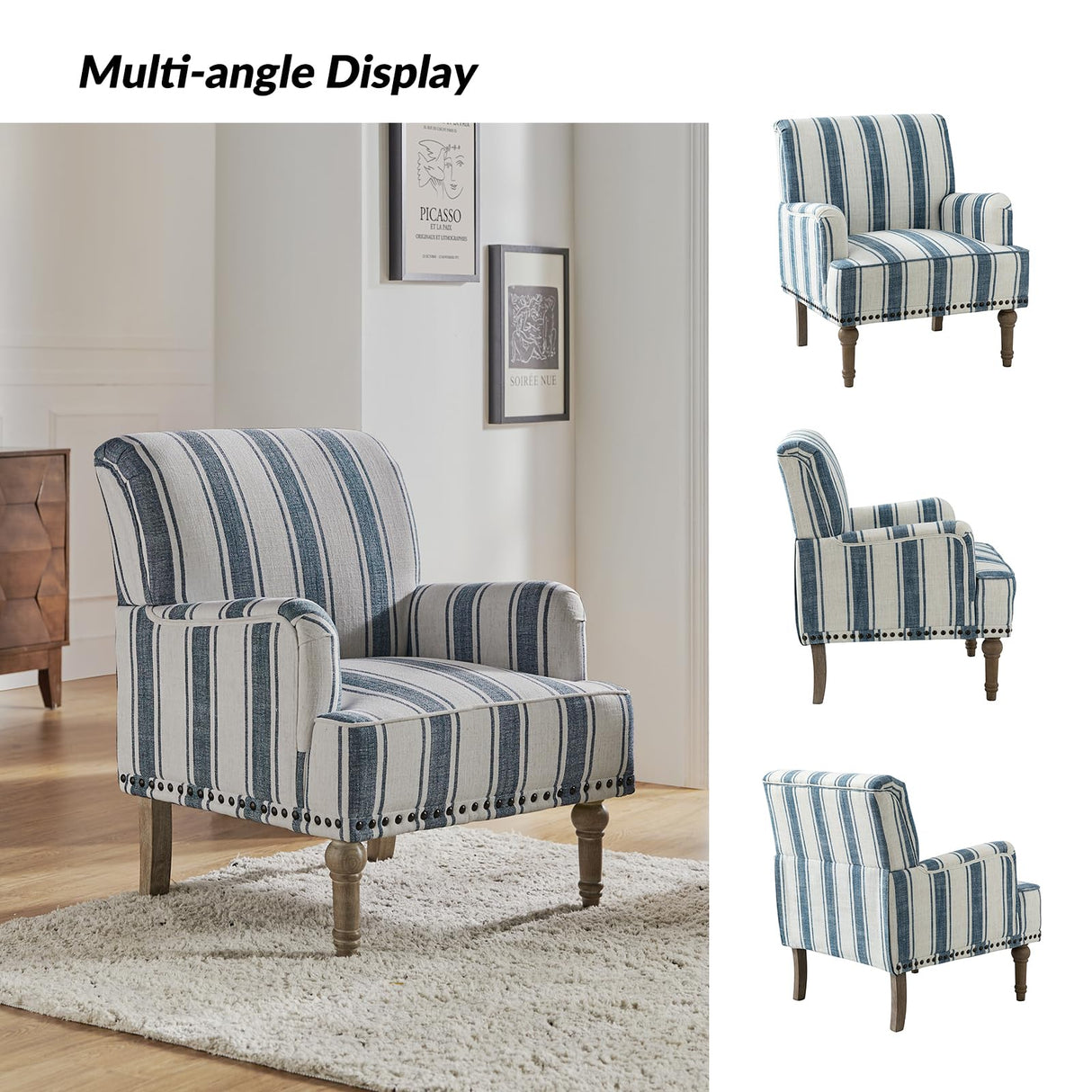 HULALA HOME Modern Armchair with Wooden Legs & Nailhead Trim, Comfy Upholstered Accent Chair for Living Room Bedroom Office(Stripe Pattern, Navy) HULALA HOME
