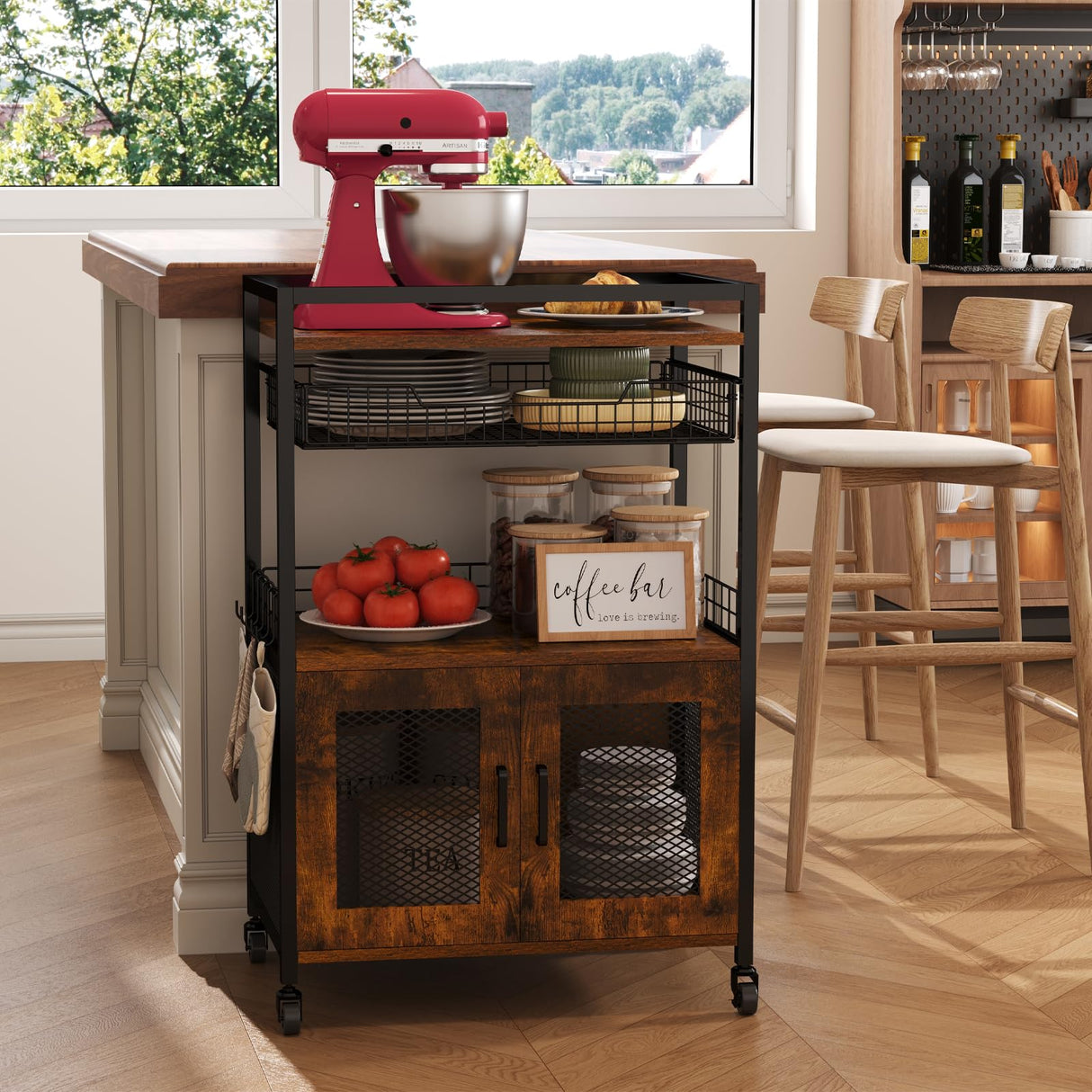 Hencawima Coffee Bar Cabinet, 3 Tier Coffee Station Table on Wheels, 35.9" H Bar Cart with Wire Basket Drawer & 5 Hooks for Home Kitchen, Liquor Buffet Sideboard Cabinet (Rustic Brown) Hencawima