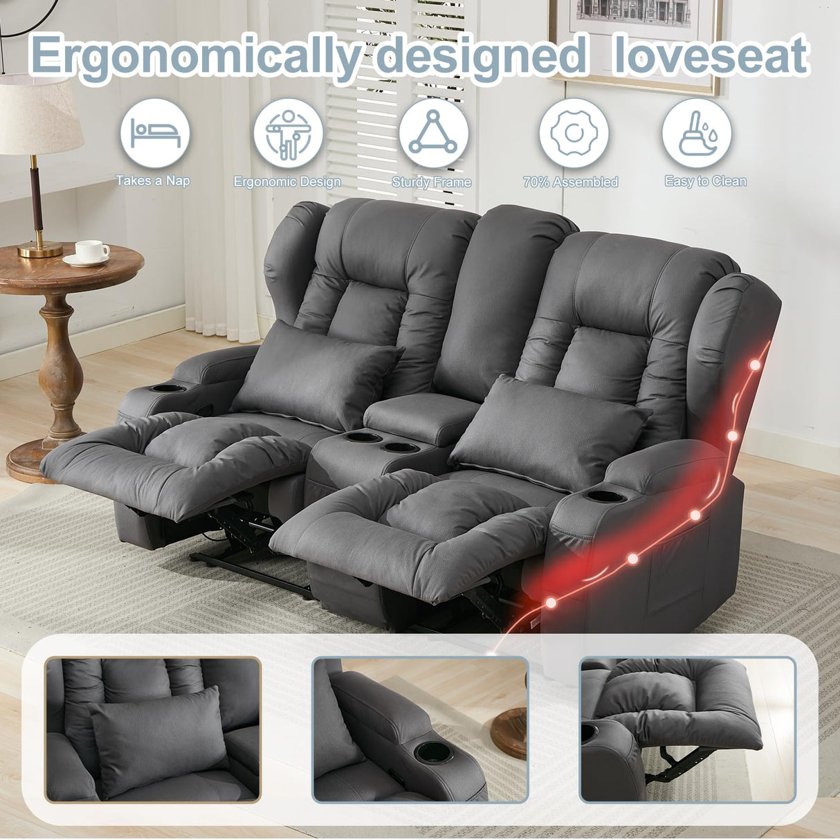 SAMERY 65.5" RV Loveseat Recliner Double Recliner RV Sofa & Console | Wall Hugger Loveseat Reclining RV | RV Theater Seats | RV Couch | RV Home Theater Seating Furniture (Fabric Gray) SAMERY