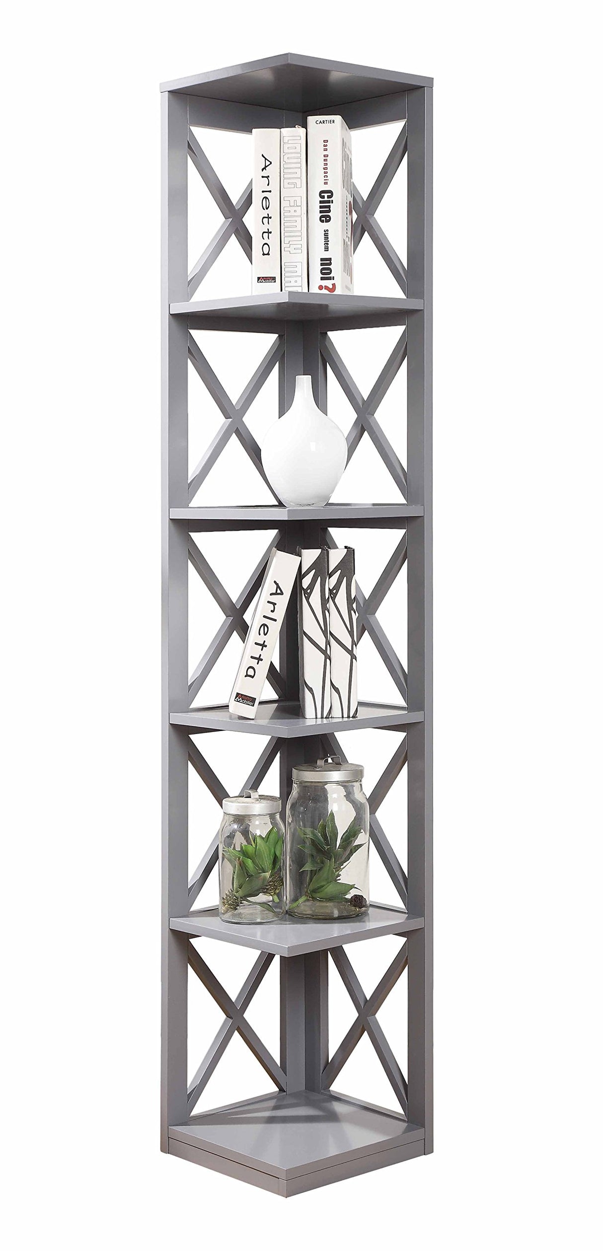 Convenience Concepts Oxford Corner Bookcase 12" - 5-Tier Slim Farmhouse Bookcase for Modern Living & Family Room, Media Storage Organizer for Home Office Library, Tall Shelving Unit, Gray Convenience Concepts