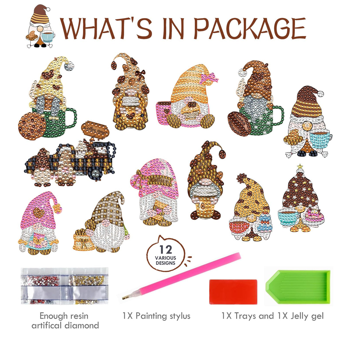 Sitsink Gnome Diamond Art Magnet - Cute Coffee Gnome Diamond Painting Refrigerator Stickers, Coffee Cookie 3D Gem Art Fridge Magnet Stickers Kit for Adult Sitsink