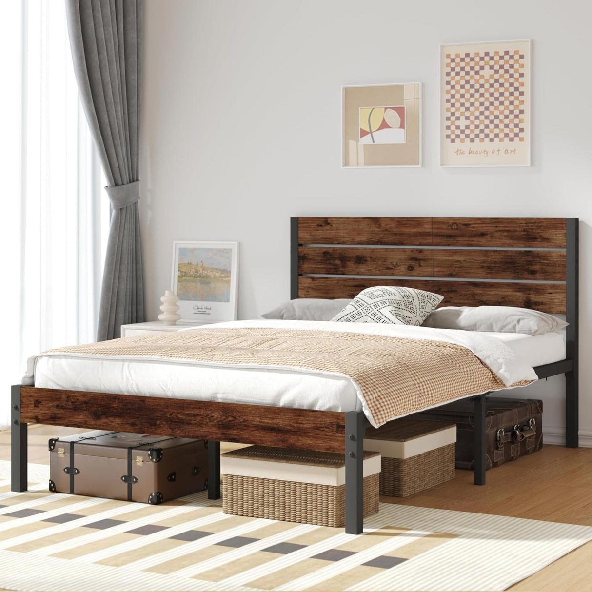 Fluest Full Bed Frame with Headboard and Footboard, Metal Full Bed Frame with Under Bed Storage, All-Metal Support System, No Box Spring Needed, Easy Assembly,Rustic Brown Fluest