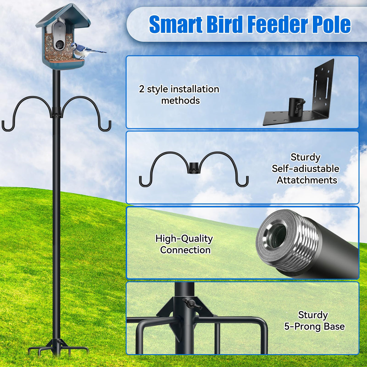 Upgrade 92In Smart Bird Feeder Pole, Outdoor Bird House Poles Mount Kit for Smart Bird Feeder & Wooden Bird House, Adjustable Heavy Duty Birdhouse Pole Stand Set with 5-Prong Base and Shepherd Hook QwayHome