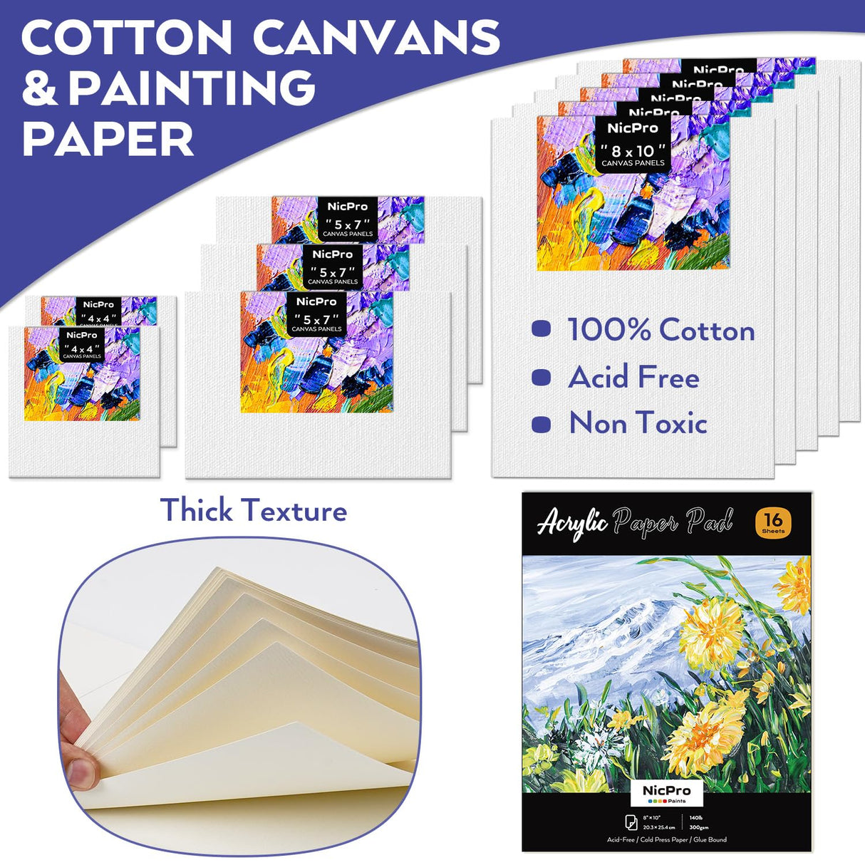 Nicpro Acrylic Paint Canvas Set for Adults, 80PCS Art Painting Supplies Kit with 36 Paints(36ML), Table Wood Easel,10 Canva Panels,12 Brushes,Paper Pad,Cleaning Cup, Palette for Kids Artist Beginner Nicpro