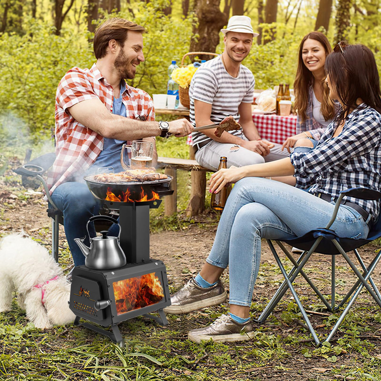 Giantex Portable Camping Wood Stove - Mini Wood Burning Stove w/ 2 Cooking Positions, Anti-scalding Door Handle & Heat Resistant Glass Window, Tabletop Fire Pit Stove for Outdoor Cooking & Heating Giantex