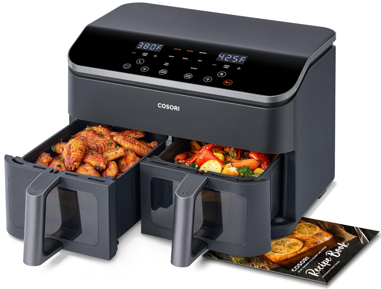 COSORI 9Qt 10-in-1 Dual Air Fryer, Fresh Balanced Meals for Family and Children with Double Baskets, Sync Cook & Finish to Bake, Roast, Reheat, Broil & 130 Recipes for Easy Cooking, Dishwasher Safe COSORI
