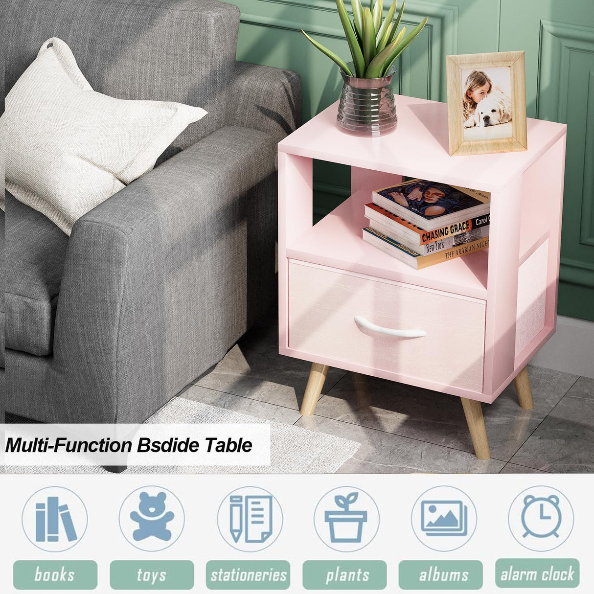 Aenuert Night Stand, Pink Kids Nightstand with Drawer, Nursery Side Table with Open Storage, 2-Tier Modern End Table, Bedside Table for Small Space, Living Room, Bedroom Aenuert