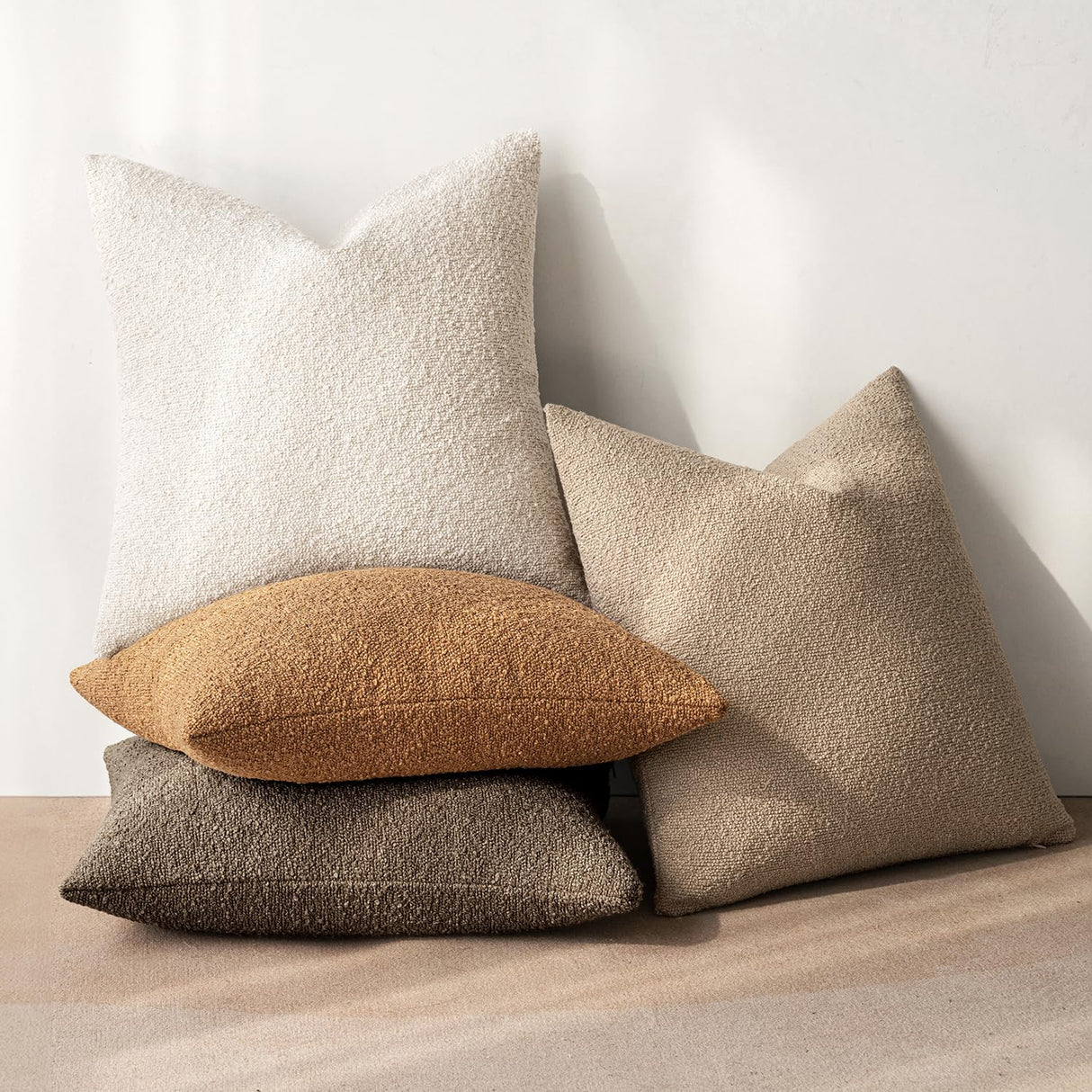 MIULEE Pack of 4 Decorative Textured Boucle Throw Pillow Covers 18x18 Inch Neutral Brown Accent Solid Pillow Cases Couch Cushion Covers for Modern Farmhouse Boho Chair Sofa Bed Room Home Decor MIULEE