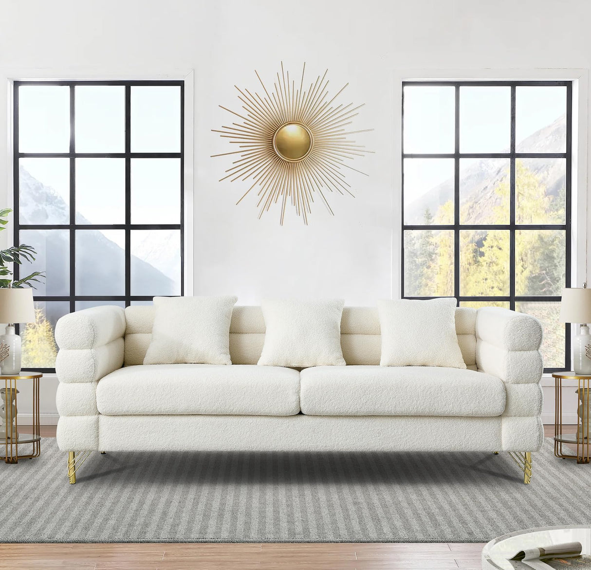 Comfy 3 Seater Sofa, 81-inch Oversized Boucle Couch with Deep Seat Design, Upholstered Sofa Couch with 2 Pillows, Modern Living Room Sofa with Stylish Metal Legs for Office, Waiting Room, White Teddy KINFFICT