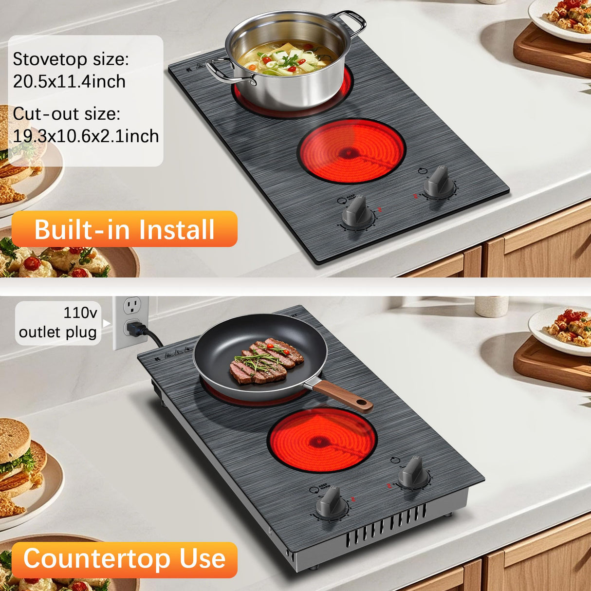 Karinear 2 Burners Electric Cooktop, 110v Electric Stove Top Knob Control, Built-in Countertop Electric Ceramic Cooktop with Beautiful Woodgrain Pattern Glass Surface, 110v Outlet Plug Karinear