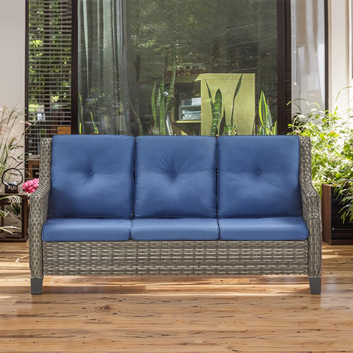 Bellefurn Patio Sofa Couch Outdoor Wicker Sofa PE Rattan 3-Seat Couch with Curved Armest Water Resistant Cushions for Garden Balcony Sunroom Poolside, Grey Wicker|Blue Cushions, Sofa(1PC) Bellefurn