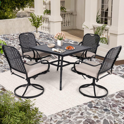MELLCOM 5 Pcs Outdoor Dining Set, 4 Swivel Rocker Chairs with Thick Cushions & Square Dining Table with Umbrella Hole, Patio Furniture Set for Porch, Beige