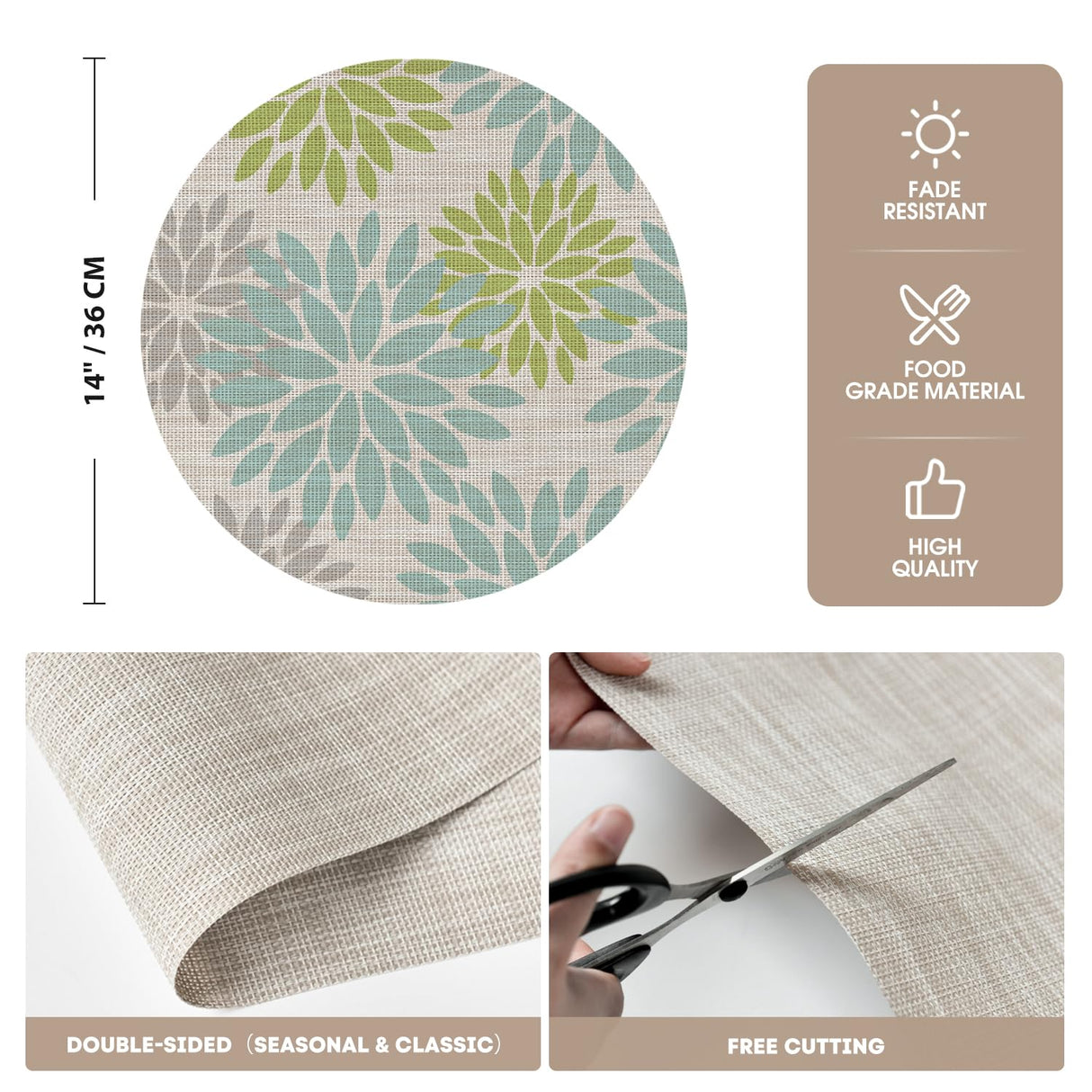Artoid Mode Light Green Dahlia Plastic Round Placemats Set of 4, 14 Inch Seasonal Wipeable Woven Vinyl Table Mats for Farmhouse Party Kitchen Dining Decor Artoid Mode