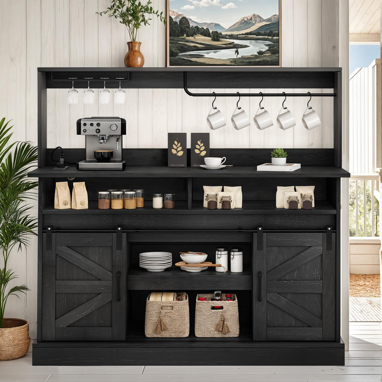 YITAHOME 52" Farmhouse Coffee Bar Cabinet with Storage, Buffet Cabinet with Goblet Holder, 5 Hooks, Power Outlets, Sideboard Cabinet with Sliding Barn Doors for Kitchen & Living Room (Black Oak) YITAHOME