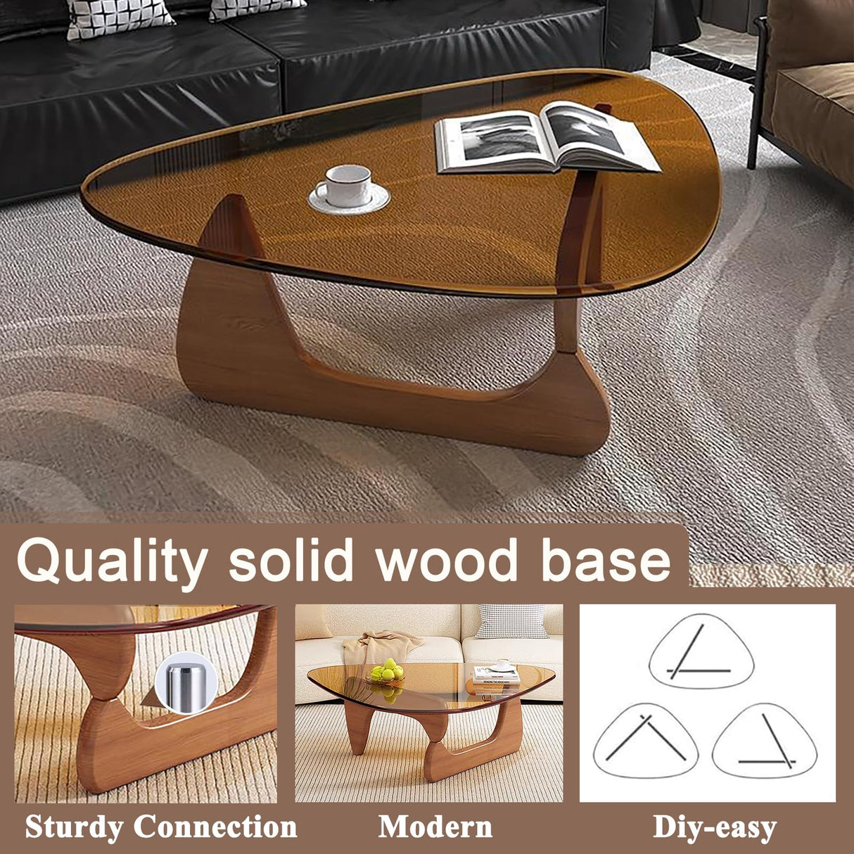 Modern Glass Coffee Table, Mid Century Small Coffee Table, Coffee Table for Living Room,Suitable for Bedroom Living Room Reception Office Tables (Walnut/Brown, Small) LZYFY