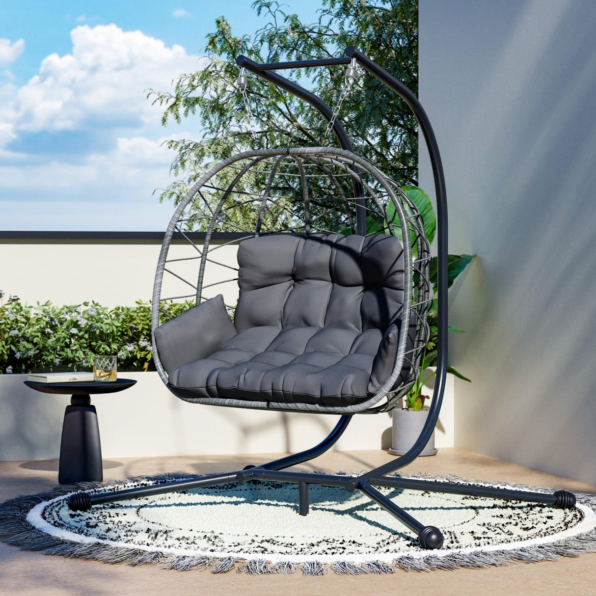 Pamapic Double Egg Chair wth Stand, 700 LBS Loveseat Rattan Swing Chair, UV Resistant Cushions with Armrests and Headrest, Thick Steel Frame Hammock Swing for Outdoor, Patio, Indoor(Grey) Pamapic