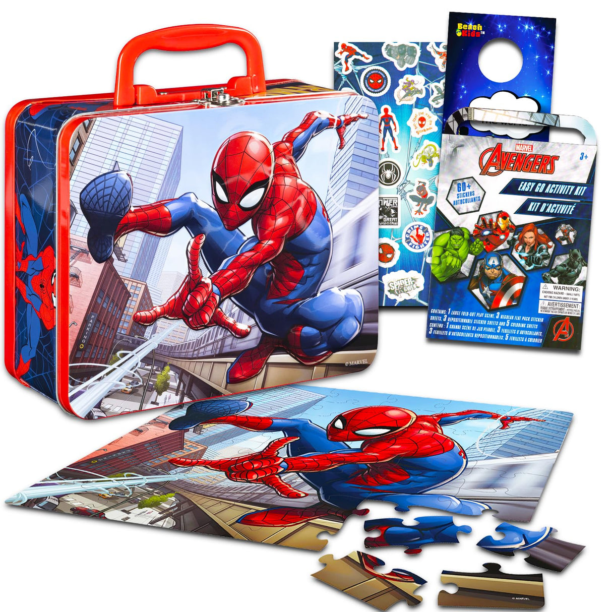 Marvel Store Spiderman Puzzle Tin Bundle - 4 Pc Set Includes Spiderman Puzzle Tin (48 pc), Stickers, Poster and More | Spiderman Gift Set Marvel