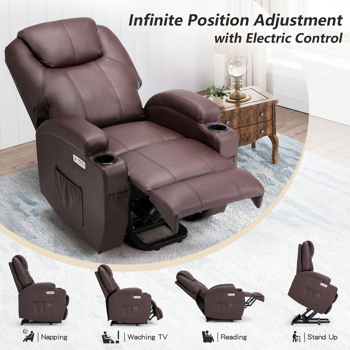 Esright Power Lift Recliner Chair for Elderly, Electric Lift Chair Sofa with Side Pockets, USB & Type-C Ports, Cup Holders, Brown, PU Leather Esright