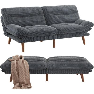 PERLECARE Convertible Futon Sofa Bed, Corduroy Futon Couch with Adjustable Backrest and Armrests, 3-in-1Recliner Sleeper Sofa for Small Spaces, Play Room or Office(Grey,66 in)
