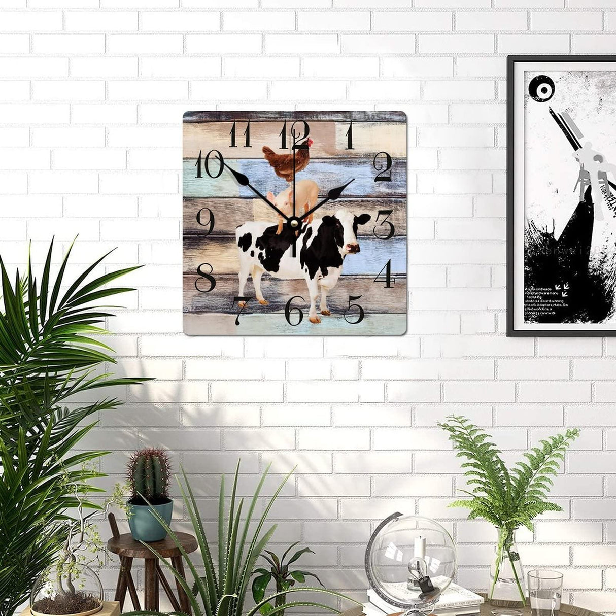 Wooden Wall Clock Farm Animal Cow Pig and Chicken 10 Inch Old Fashioned Square Wooden Wall Clock Digital Accurate Wood Clock for Bedroom Kitchen Wall Decor Home Decor Alioyoit