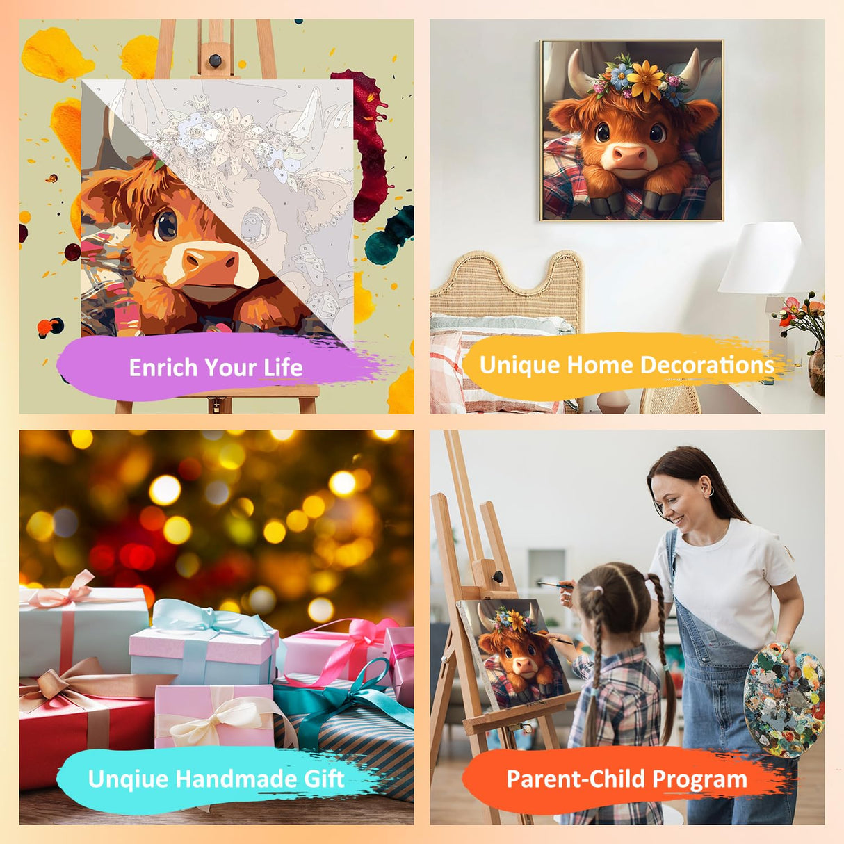 Paint by Numbers for Adult with Frame, Cow Paint by Numbers Kit for Adults Beginners, DIY Cow Acrylic Painting on Canvas for Home Wall Art Decor 9.8x9.8 Inch (with Frame Easel) Mandun